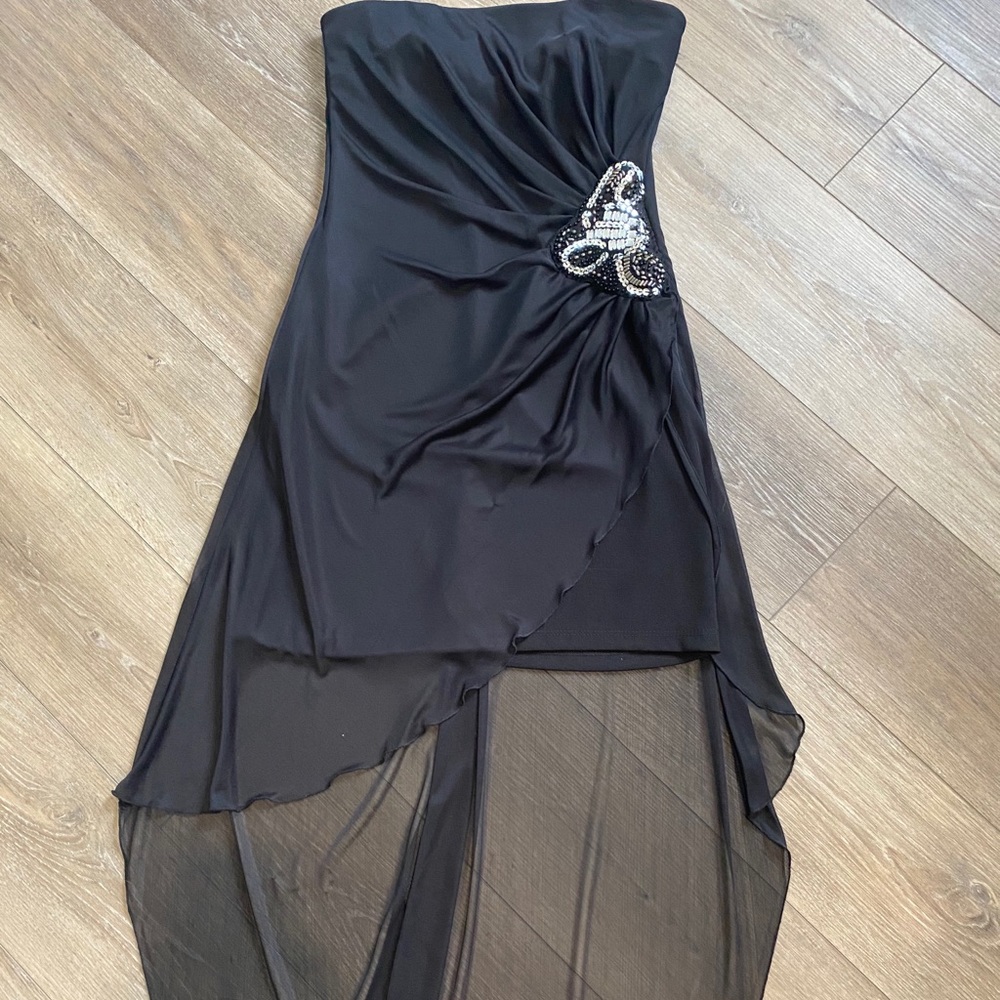 Black mini dress with sheer overlay